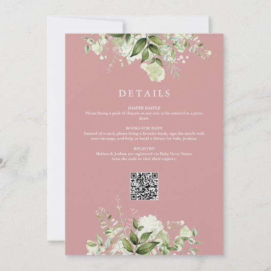 女の子のグリーンとピンクのオールインワン ベビーシャワー 招待状 (裏面)