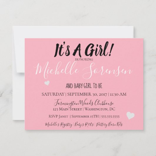 女の子のコウノトリ配達ベビーシャワー散水 招待状 (裏面)