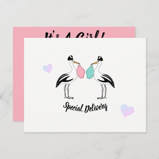 女の子のコウノトリ配達ベビーシャワー散水 招待状 (正面/裏面)