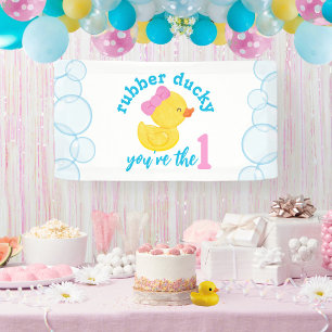 女の子のゴムダッキー1歳の誕生日パーティー 横断幕