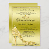 女の子のゴールドステレオ クインセアニェラ 誕生日パーティー 招待状 (正面/裏面)