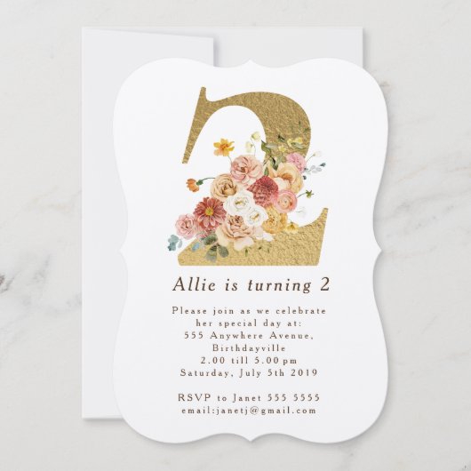 女の子のゴールドフラワーバースデーパーティー招待状（2歳） 招待状 (正面)