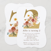 女の子のゴールドフラワーバースデーパーティー招待状（2歳） 招待状 (正面/裏面)