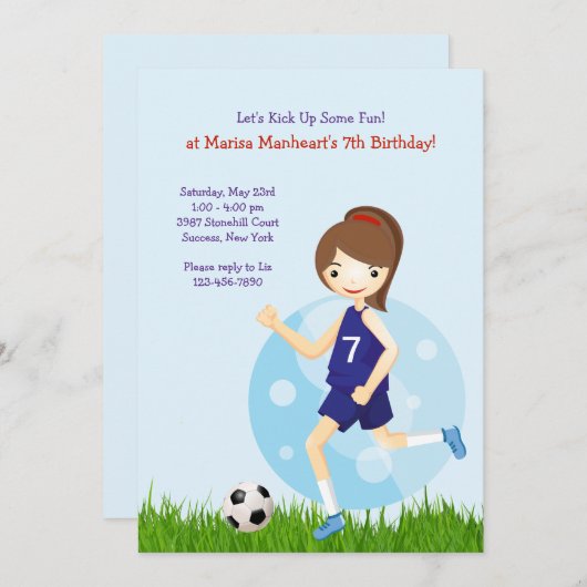 女の子のサッカーの選手の誕生日のパーティの招待状 招待状 (正面/裏面)