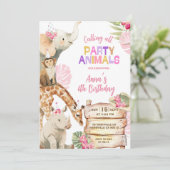 女の子のサバンナ ピンク サファリ パーティー 動物 誕生日 招待状 (スタンド正面)
