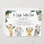 女の子のサファリジャングル動物のベビーシャワー 招待状 (正面)