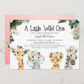 女の子のサファリジャングル動物のベビーシャワー 招待状 (正面/裏面)