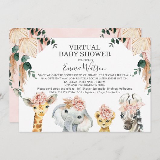 女の子のサファリ動物がバーチャルベビーシャワー 招待状 (正面/裏面)