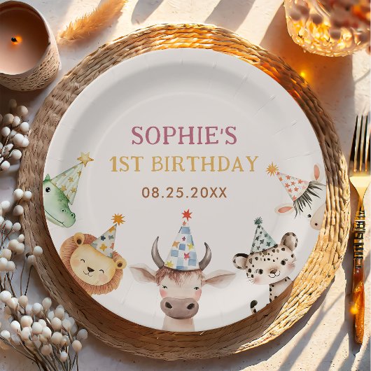 女の子のサファリ動物の誕生日パーティー紙皿 ペーパープレート