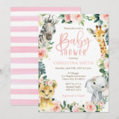 女の子のサファリ動物ベイビーシャワー招待状 招待状 (正面/裏面)