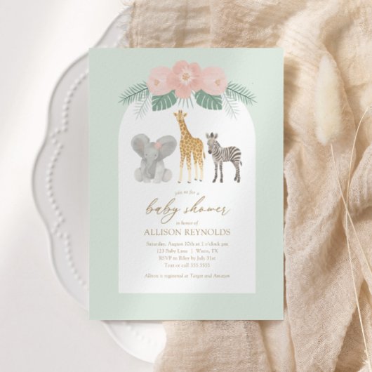 女の子のサファリ動物ベビーシャワー招待状 招待状