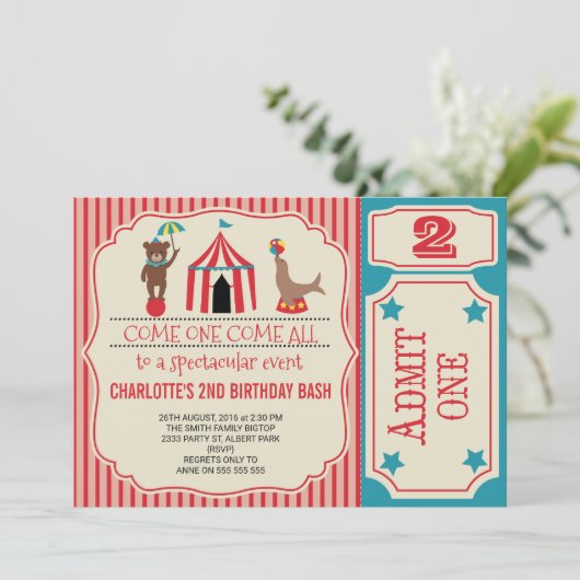 女の子のサーカスのチケットの誕生日のパーティの招待状 招待状 (スタンド正面)