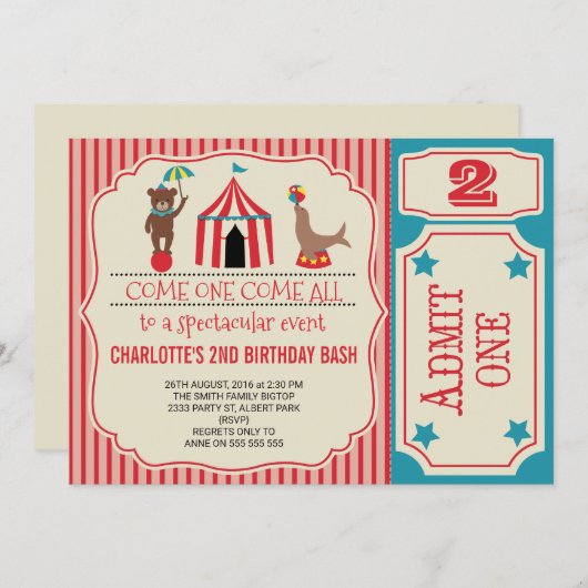 女の子のサーカスのチケットの誕生日のパーティの招待状 招待状 (正面/裏面)