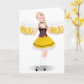 女の子のサービングビール挨拶状 カード (黄色い花)