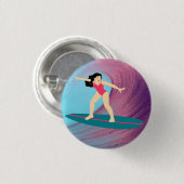 女の子のサーフィン日没。 缶バッジ (正面&裏面)