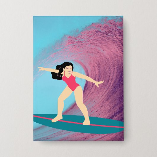 女の子のサーフィン日没。 缶バッジ (正面)