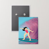 女の子のサーフィン日没。 缶バッジ (正面/裏面)
