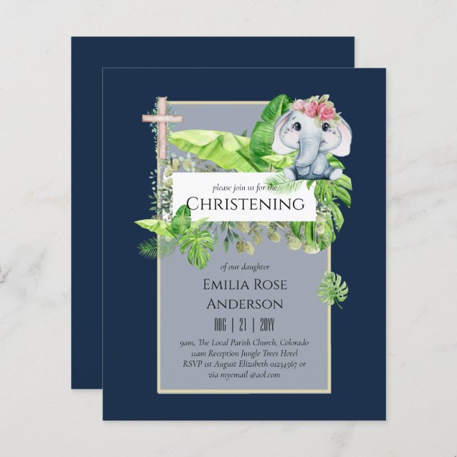 女の子のジャングルでの赤ちゃん象の洗礼招待状 (正面/裏面)