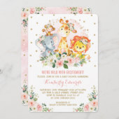 女の子のジャングルのベビーシャワーの赤面のピンクの金ゴールドの花柄 招待状 (正面/裏面)