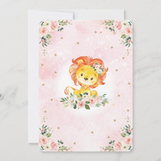 女の子のジャングルのベビーシャワーの赤面のピンクの金ゴールドの花柄 招待状 (裏面)