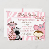 女の子のジャングルまたは動物園の動物をテーマにした赤ちゃんシャワー インビテーションポストカード (正面/裏面)
