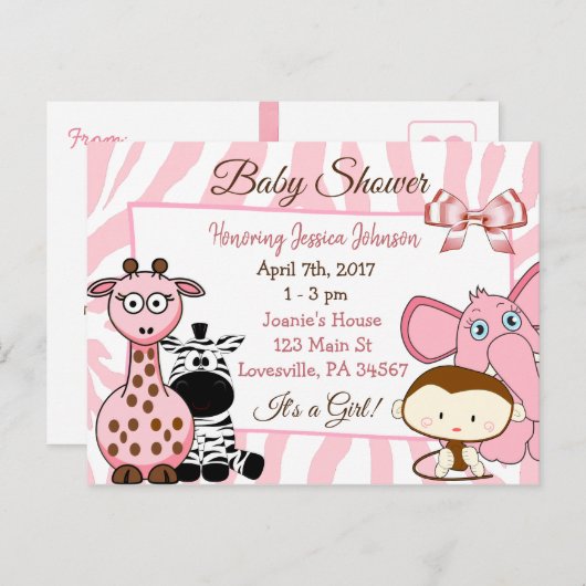 女の子のジャングルまたは動物園の動物をテーマにした赤ちゃんシャワー インビテーションポストカード (正面/裏面)