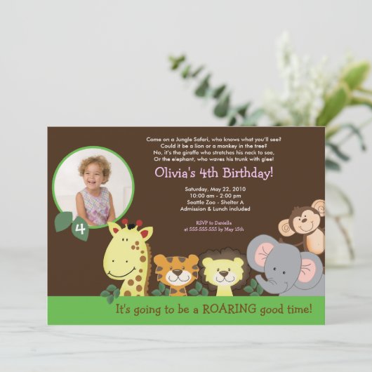 女の子のジャングルサファリの動物園の動物の写真の誕生日 招待状 (スタンド正面)