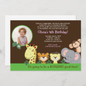 女の子のジャングルサファリの動物園の動物の写真の誕生日 招待状 (正面/裏面)