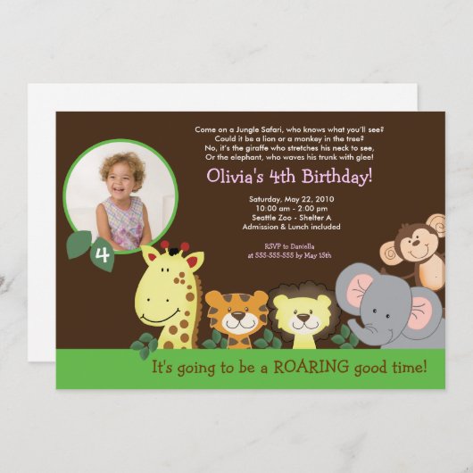 女の子のジャングルサファリの動物園の動物の写真の誕生日 招待状 (正面/裏面)
