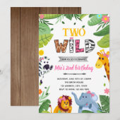 女の子のジャングル動物ワイルド誕生日招待状 招待状 (正面/裏面)