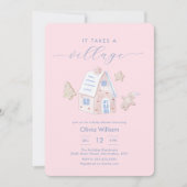 女の子のジンジャーブレッド 村を育てる ベイビーシャワーパーティー 招待状 (正面)