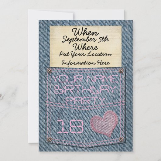 女の子のジーンズの小型のバースデーパーティ招待状 招待状 (裏面)