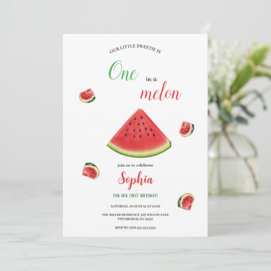 女の子のスイカの誕生日招待状 招待状 (スタンド正面)
