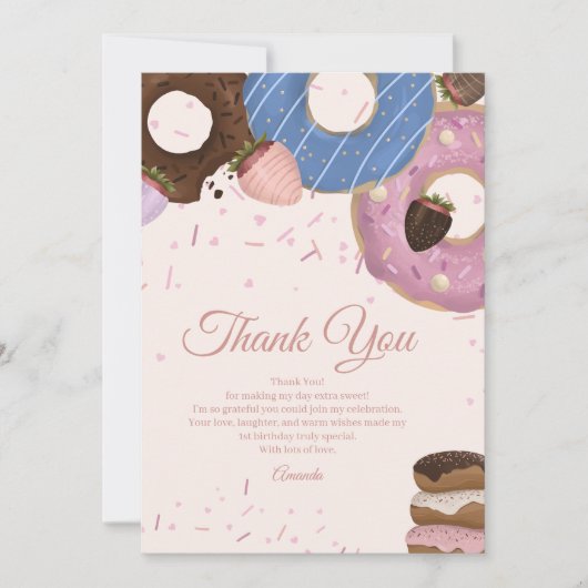 女の子のスイートドーナツ パステル バースデー サンキューカード (正面)