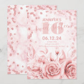 女の子のスイート16 バースデー マーブル グリッター ローズゴールド フラワー 招待状 (正面/裏面)