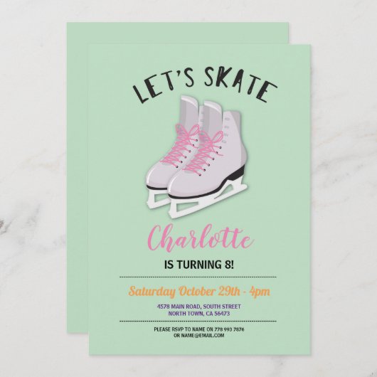 女の子のスケートで滑ろう真新しいアイススケートの誕生会 招待状 (正面/裏面)