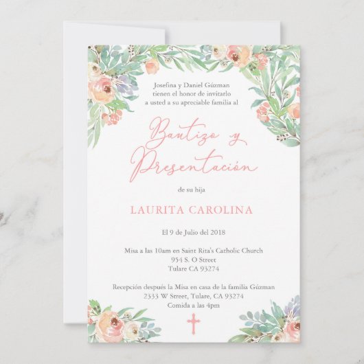 女の子のスペイン式洗礼と命名式 招待状 (正面)