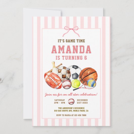 女の子のスポーツボールゲームの誕生日パーティー 招待状 (正面)