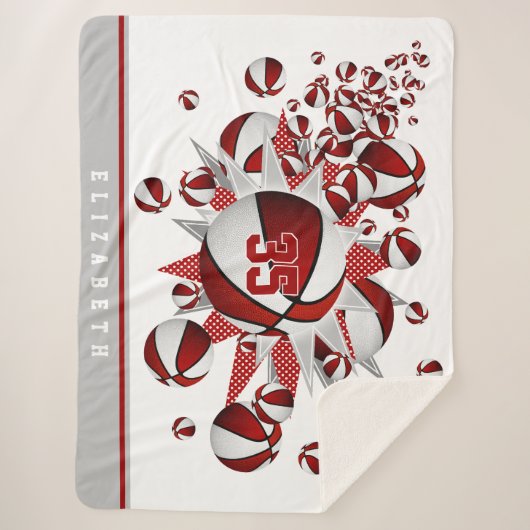 女の子のスポーツルームのデカール赤い白いバスケットボール シェルパブランケット (正面)