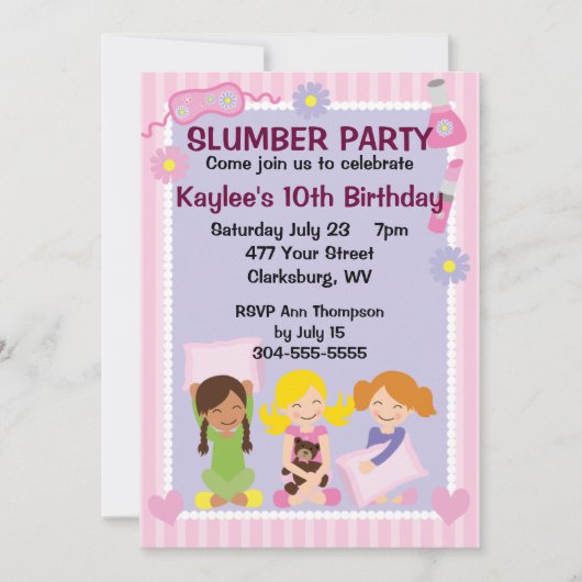 女の子のスランバー・パーティー 招待状 (正面)