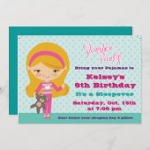 女の子のスリーパー パジャマ スリープオーバー パーティー招待状 招待状 (正面/裏面)