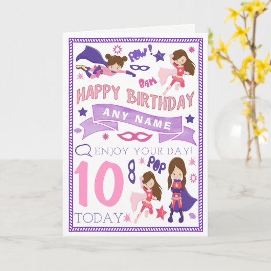 女の子のスーパーヒーローのパーソナライズなバースデー・カード カード (黄色い花)