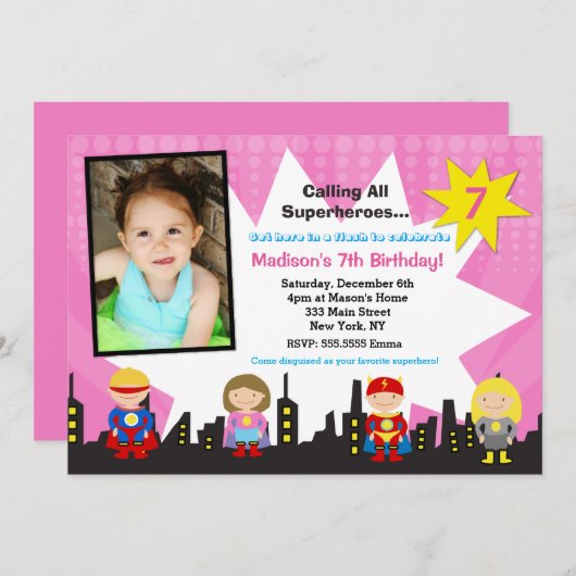 女の子のスーパーヒーローの写真のバースデーパーティ招待状 招待状 (正面/裏面)