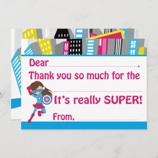 女の子のスーパーヒーローの誕生日はサンキューカードを記入します サンキューカード (正面/裏面)
