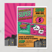 女の子のスーパーヒーロー招待パーティー ピンク コミック 招待状 (正面/裏面)