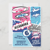 女の子のスーパーヒーロー漫画の誕生日パーティー招待状 招待状 (正面)