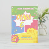 女の子のスーパーヒーロー誕生日招待状 パステルピンク 招待状 (スタンド正面)