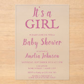 女の子のタイポグラフィピンクベビーガールベビーシューウェ アクリル招待状 (正面)