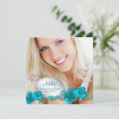 女の子のターコイズブルーの写真を使った卒業発表 招待状 (スタンド正面)
