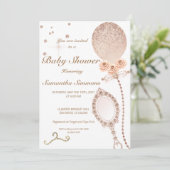 女の子のダイヤモンド ローズゴールド グリッター バルーン ベビー シャワー 招待状 (スタンド正面)